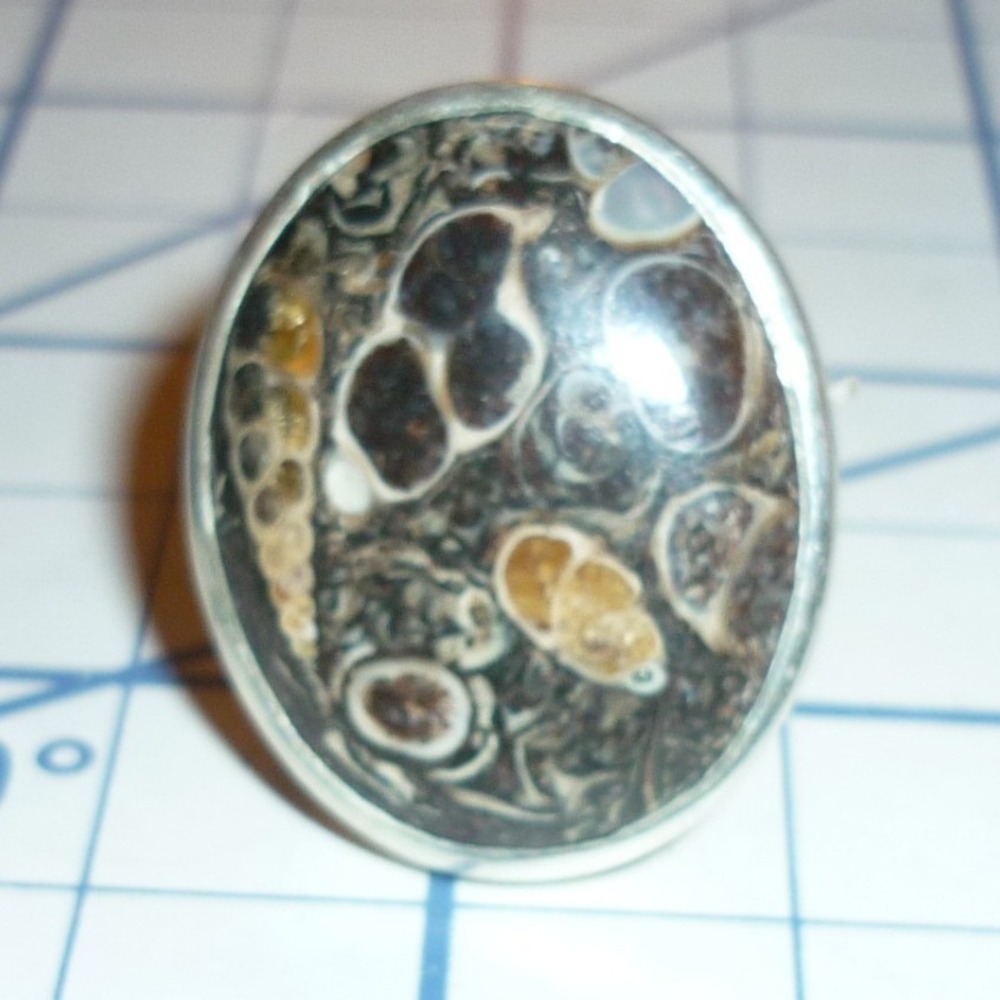 Vintage Turritella Fossil Agate Ring 925 Sterling Silver Statement Size 7.25
